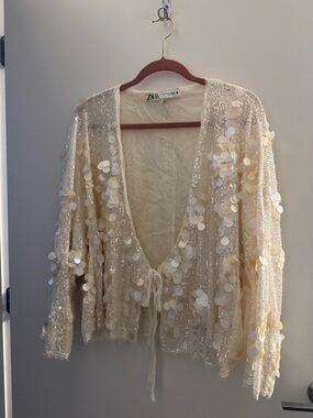 ZARA Cream Sequin & Disc Embellished Tie-Front Cardigan